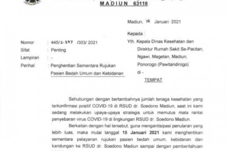 RS Soedono hentikan sementara layanan rujukan bedah umum dan kebidanan